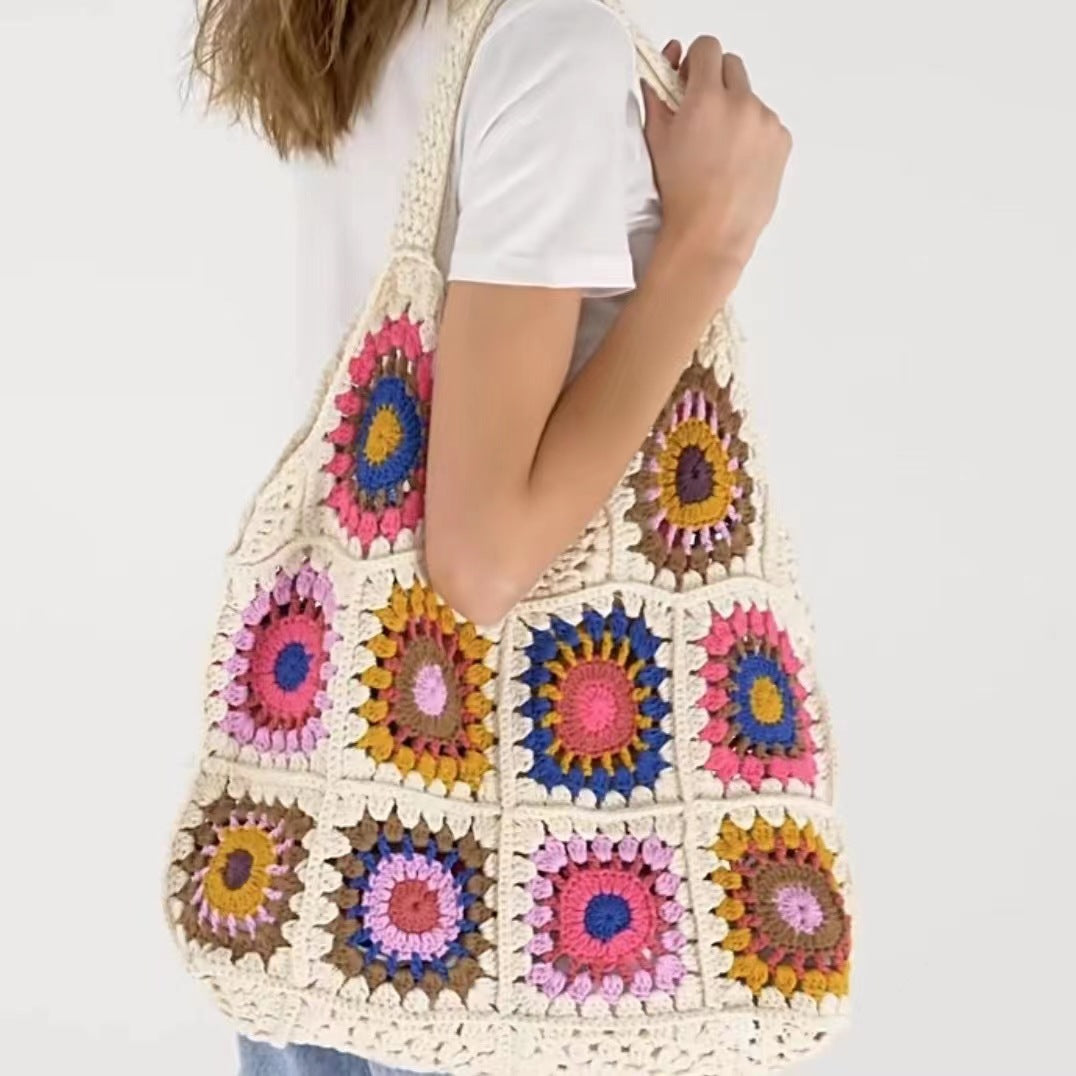Tote bag crochet coton abricot rempli, grande capacité 36×43 cm, courses ou affaires quotidiennes
