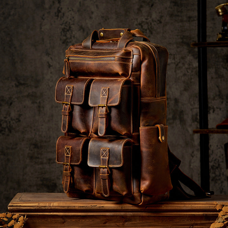 Vue frontale backpack cuir véritable vache pleine fleur style rétro masculin structuré